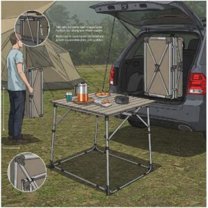 Illustration of a folding camper table showing its compact design for easy storage and transportation