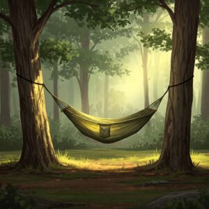 Camping hammock hanging between trees in a forest, relaxing outdoor gift idea for campers 
