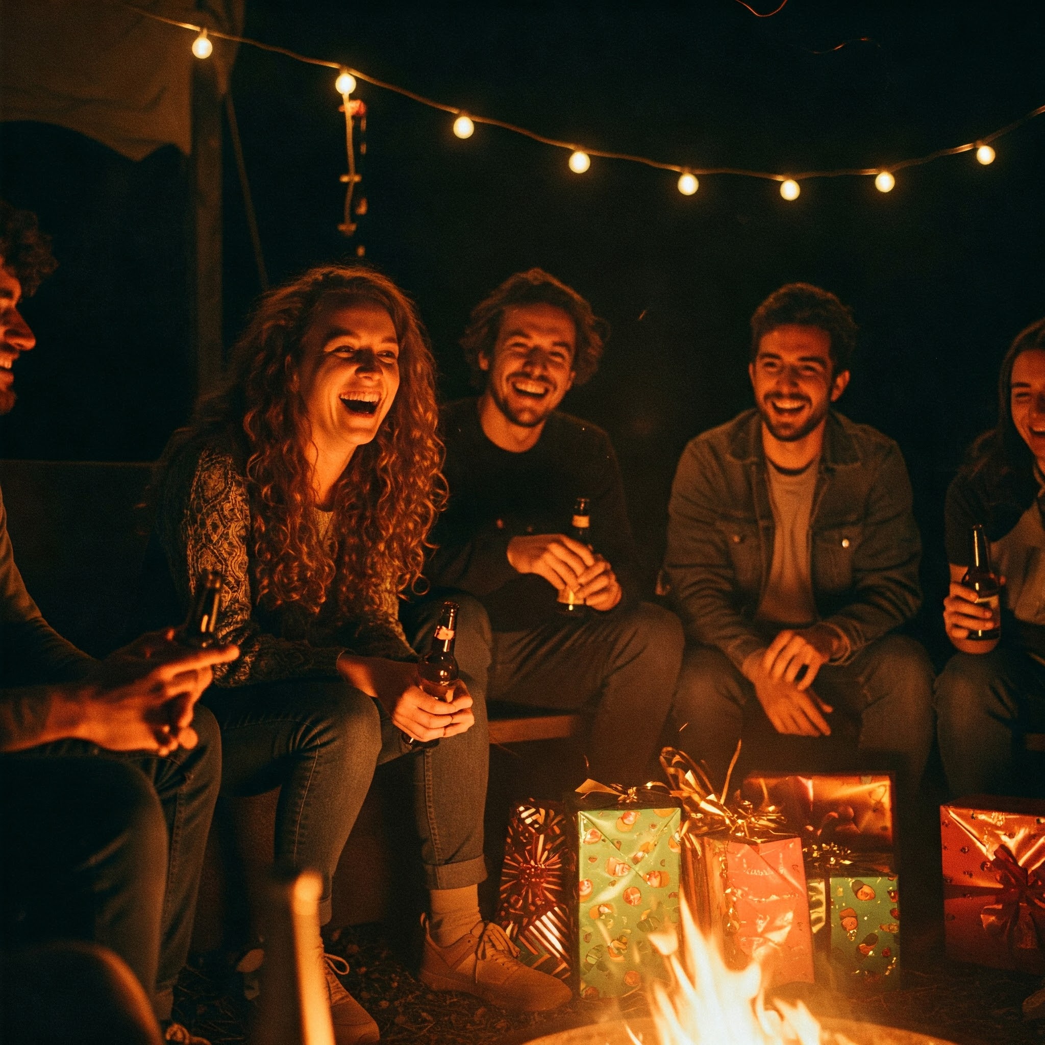 Friends enjoying campfire and exchanging camping gifts, perfect outdoor gathering moment