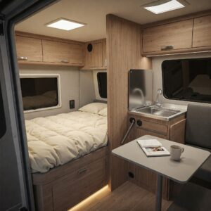 Interior of a Geo Pro camper showing a cozy bed, kitchen sink, and dining table