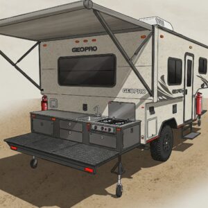 Geo Pro camper featuring a slide-out outdoor kitchen setup with stove and sink
