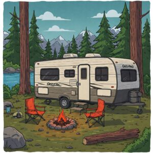 Geo Pro camper parked beside a river with a campfire and chairs in a forest setting