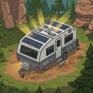 Geo Pro camper with solar panels on the roof, parked in a forest clearing