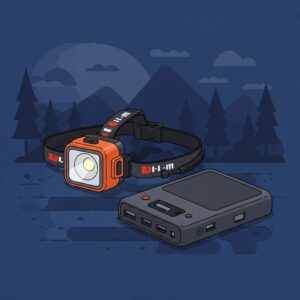 Camping headlamp and portable power bank, useful night gear gift for outdoor adventurers 