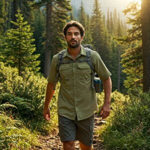 A hiker walks through a forest trail wearing a light green camping shirt and shorts.