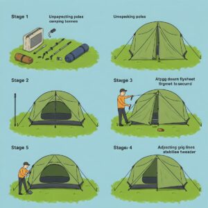 Step-by-step illustration demonstrating the process of pitching a typical camping shelter, highlighting key setup stages.