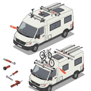 Step-by-step illustration showing how to install a bike rack on a camper van.