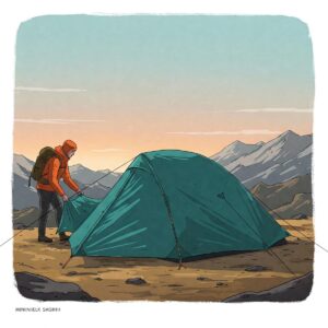 Illustration of a compact and lightweight backpacking tent, ideal for solo or minimalist adventures.