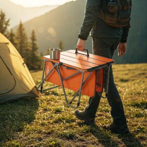 Illustration of a lightweight camper table being easily carried, highlighting its portability for outdoor adventures