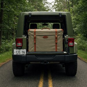 Minimalist camp trunk placed outdoors beside a tent, showcasing its durable build for camping adventures. 