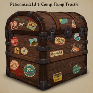 Open camp trunk packed with sleeping bags, flashlights, and other essentials, ready for a summer camp trip. 