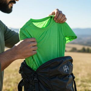 A person packs a bright green camping shirt into a backpack in an open field.