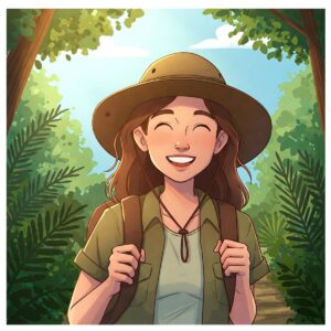 Illustration of a person wearing a camp hat while hiking in a forest setting.