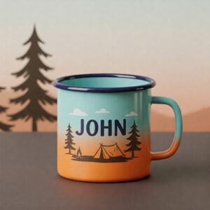 Personalized camping mug with the name John and tent design, ideal gift for outdoor enthusiasts 