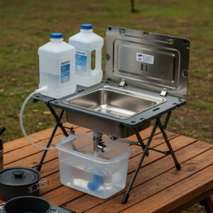 Portable camper sink set up for outdoor use with water jugs.