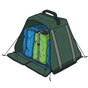 A portable camping shower tent with an integrated bag drying system, showing water dripping from wet towels inside. 