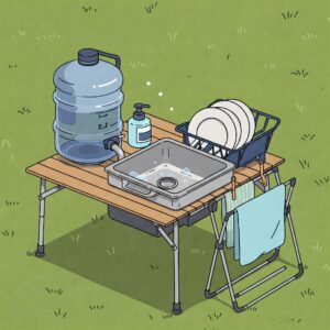 A portable camping sink with a water system, large tank, and soap dispenser, ideal for outdoor use.