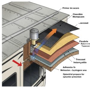 A lone camper enjoys a forest sunset next to their RV, emphasizing the quiet reliability of a well-coated camper roof in changing outdoor conditions.