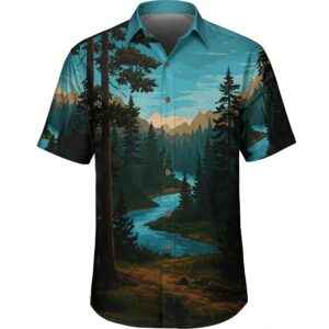 A short-sleeve button-up camping shirt featuring a scenic forest and river print.