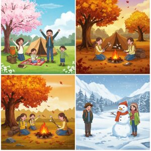 Animated illustration of a family enjoying seasonal camping outdoors across different times of the year.