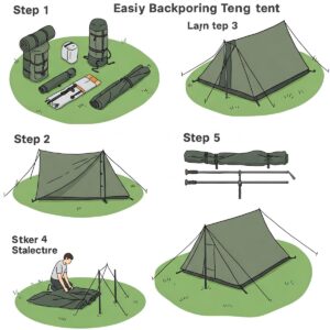  Step-by-step illustration showing how to easily set up a backpacking tent.