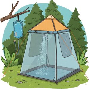Camping shower tent set up in a forest with a solar-heated water bag hanging from a tree for outdoor shower use. 