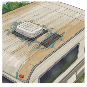 A couple relaxes by a peaceful lake with their camper nearby, representing the serenity of nature and the reassurance of a weatherproof camper roof.