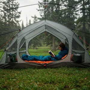 An interior view of a best solo backpacking tent highlighting its usable space and organizational features.