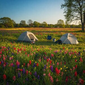 Illustration of a campsite in springtime with blooming wildflowers, representing seasonal camping in nature.