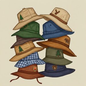 Illustration depicting a stack of different styles and colors of camp hats.
