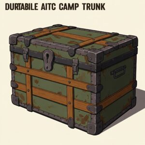 Stacked camp trunks in a rustic cabin setting, perfect for storing gear and clothes at overnight camp. 
