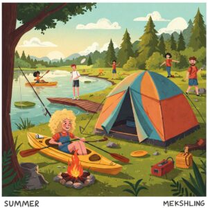 Summer camping illustration featuring a tent by a lake with people enjoying outdoor activities during the seasonal camping period.