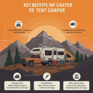 Infographic-style illustration highlighting the key benefits of using a truck tent camper for outdoor travel and camping.