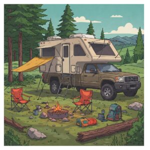 Illustration of a truck tent camper being used at a campsite with surrounding nature and camping gear.