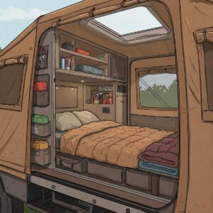 Detailed illustration of the interior of a comfortable truck tent camper with sleeping and storage space.