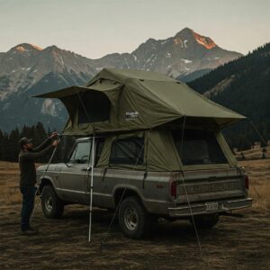 Illustration showing the easy setup process of a truck tent camper on a pickup truck bed.