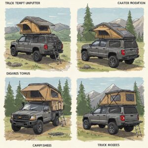 Illustration showcasing various types of truck tent campers, including rooftop and bed-mounted models.
