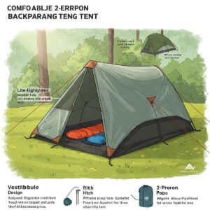Detailed illustration of a comfortable two-person backpacking tent with its features highlighted.