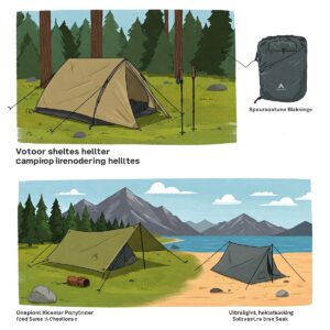 Illustration showcasing various types of camping shelters including tents, lightweight tarps, and compact bivvy sacks for different outdoor adventures