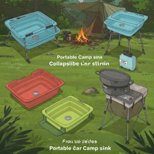 Illustration showcasing various types of portable camp sinks, including collapsible basins and stand-alone units.