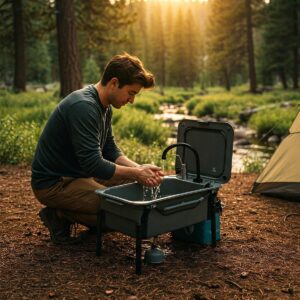 Person washing hands in a convenient folding camp sink at a campsite.