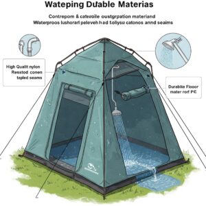 Illustration of a waterproof camping shower tent with features like taped seams, high-quality nylon material, and a drainage system. 