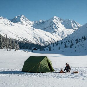Illustration of winter camping with a sturdy tent in a snowy mountain landscape, showcasing a unique seasonal camping adventure.