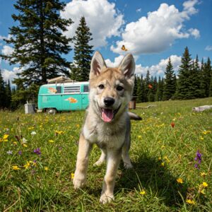 A joyful wolf pup camper in a flower-filled meadow near a colorful camper van under blue skies.