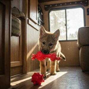 A wolf pup camper playing with a red chew toy on the wooden floor inside a camper.