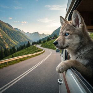 Wolf pup camper gazing out of a camper van window while traveling through winding mountain roads