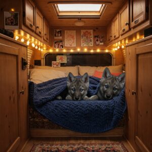 Two wolf pup campers lying cozily on a bed inside a warmly lit camper with decorations on the wall.