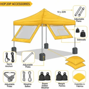 Illustration showcasing accessories for a 10 x 20 pop up canopy, such as side walls and weight bags