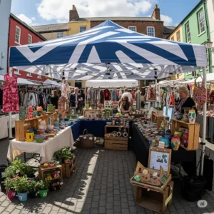 A 10 x 20 pop up canopy providing shelter for vendors at an outdoor market or fair.