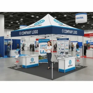 Illustration of a 10 x 20 pop up canopy being used as a professional trade show booth